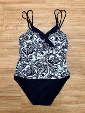 Lauren Ralph Lauren Black White Paisley One Piece Swimsuit Size S Wrap Style
